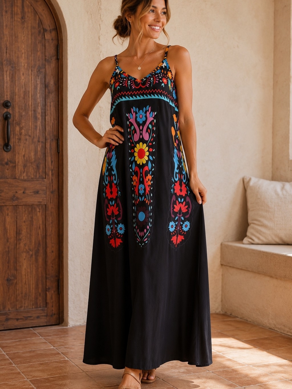 Boutique NWOT Black Floral Maxi Dress with Multi-Color Embroidered Print Sz M